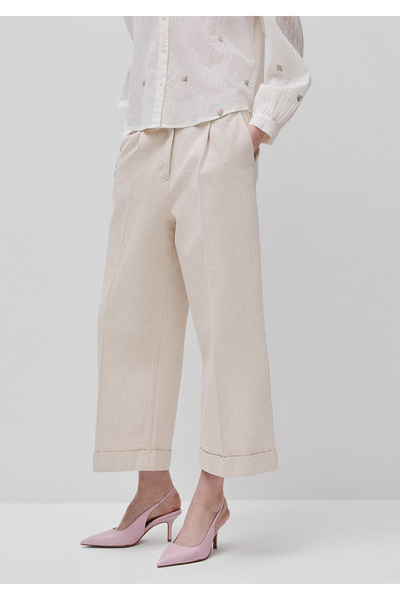 United Colors of Benetton Women's Cream 100% Cotton Pleated Detailed Wide-Leg...
