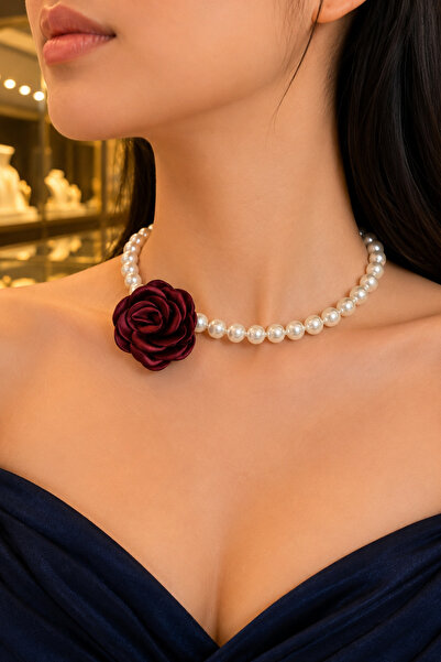 CAXBERN İncili Gül Saten Kolye Choker Kolye