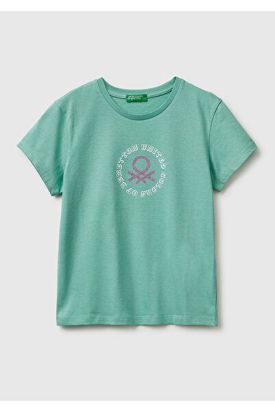 United Colors of Benetton Kız Çocuk Mint Simli Logolu Bisiklet Yaka T-Shirt