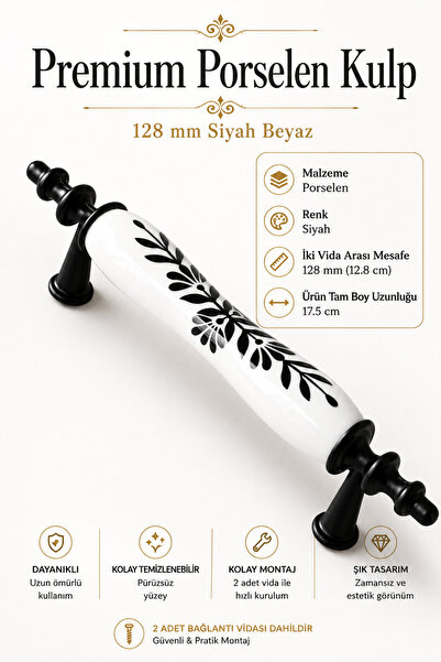 NZB (PREMİUM) Porselen Siyah Beyaz 128 mm Kulpları Mobilya Mutfak Dolabı Çekm...
