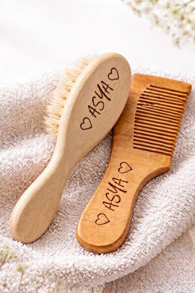 100% Real Goat Hair Natural Fluffy Baby Hair Brush And Natural Wood Comb Set