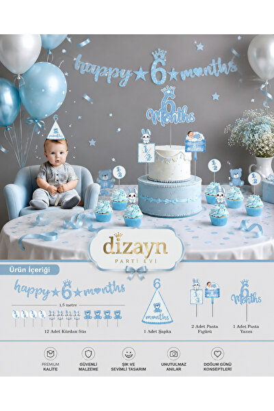 Dizayn Parti Evi DZYN Happy 6 Months Mavi Parti Seti - Bebek 6 Ay Süsleri ve ...