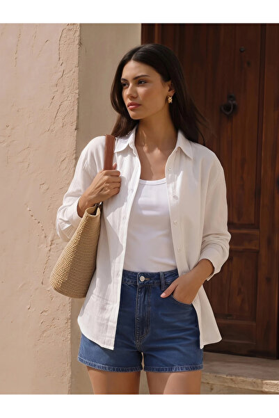 Styli Off White Solid Linen Blend Relaxed Fit Shirt