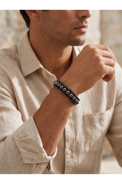 Parmas Design Hematite Natural Stone Leather Men's Gift Bracelet 01857