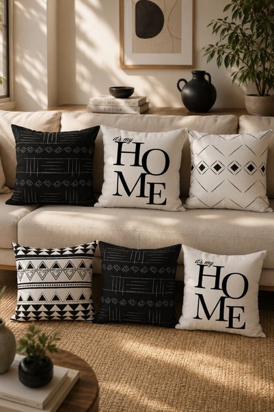 Belle Benoit 6-Piece Black and White Design Double Sided Printed, Decorative, Sofa Pillowcase, Throw Pillow Cover Set