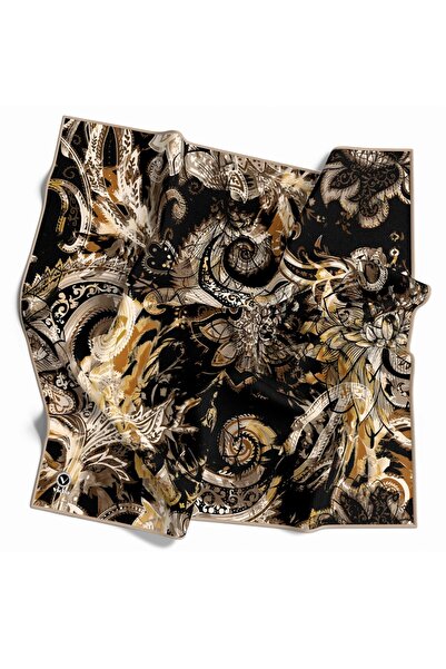 VİOLLA Twill Şal Desenli Bej Renkli 90x90 Eşarp (İpek İçermez) Kenar Dikiş Şe...