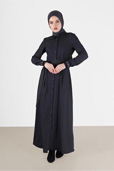 TRENDTESETTÜR KADIN LACİVERT (LACİ-CAMEL) BOYDAN DÜĞMELİ KUŞAKLI ELBİSE 40214