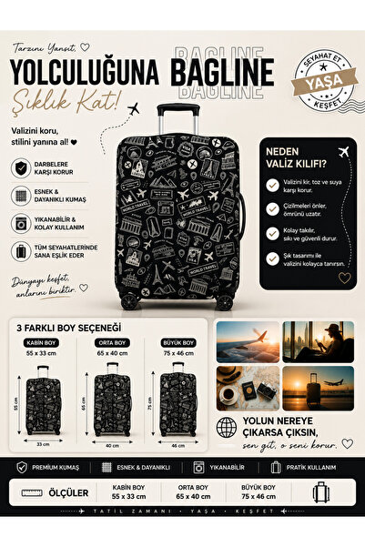 Bagline Lycra Flex Fabric Black Worldtravel Printed Valisă și husă pentru val...