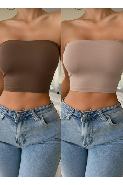 Olyssia Γυναικεία 2-τεμαχιακή συσκευασία Coffee & Mink Strapless Crop Top Bus...