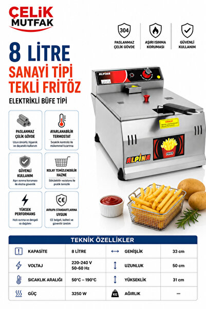 ALPİNA MUTFAK Alpina 8 Litre Profesyonel Fritöz 220V Paslanmaz Çelik Sanayi T...