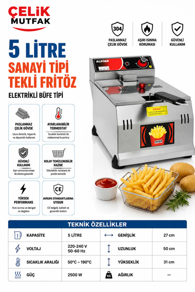 ALPİNA MUTFAK Alpina 5 Litre Profesyonel Fritöz 220V Paslanmaz Çelik Sanayi T...