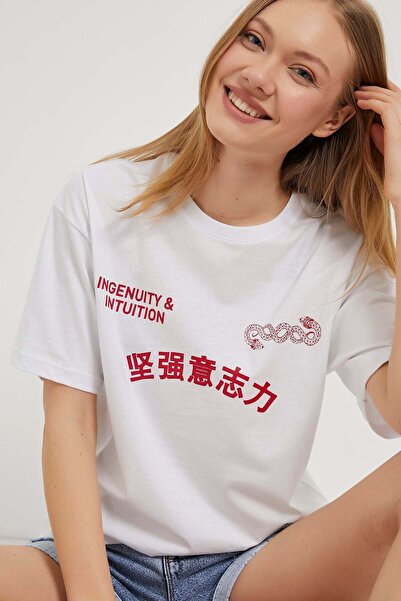 Arma Life Tricou alb cu mânecă scurtă cu imprimeu chinezesc pentru femei