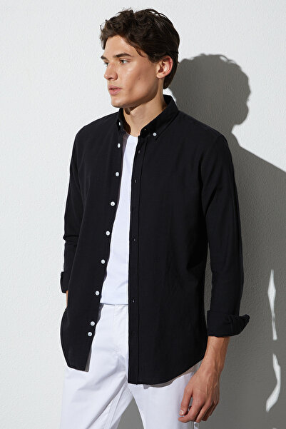 Tudors Men's slim fit 100% cotton linen textured button-down collar black shirt