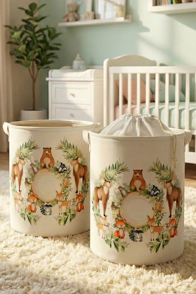PH Prendi Home 2'li Zoo Baskılı Oyuncak Saklama Kutusu Kirli Çamaşır Sepeti K...
