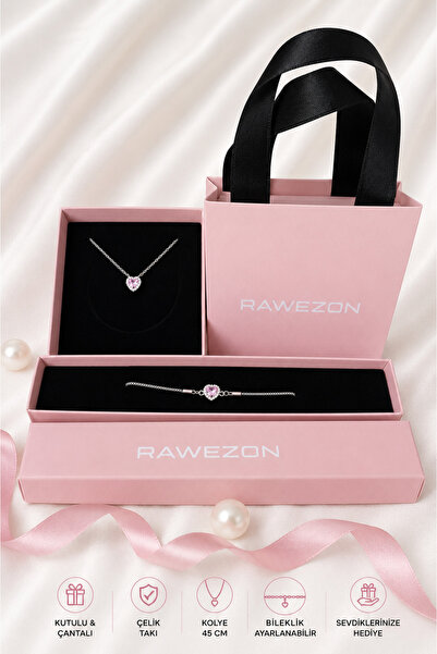 Nerovia Boxed Bag Pink Heart Necklace Bracelet Set Steel Jewelry Gift Valentine Spouse Friend