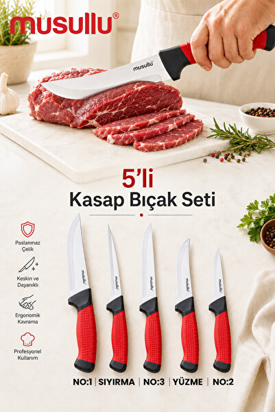 Musullu 5'li Profesyonel Kasap Bıçak Seti - Paslanmaz Çelik Ergonomik Kırmızı...
