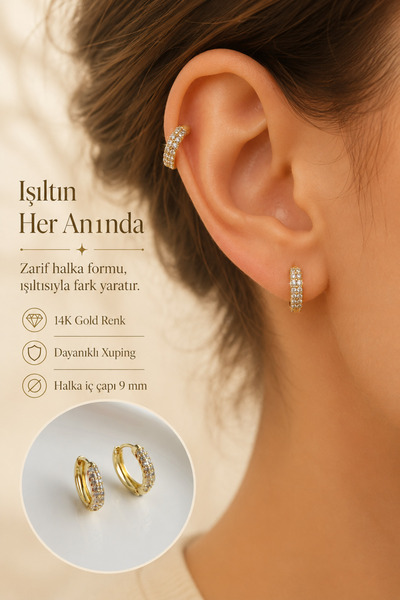 Sacce Scarves&Accessories Minimal Zirkon Taşlı Halka Küpe 14K Gold Renk Xupin...