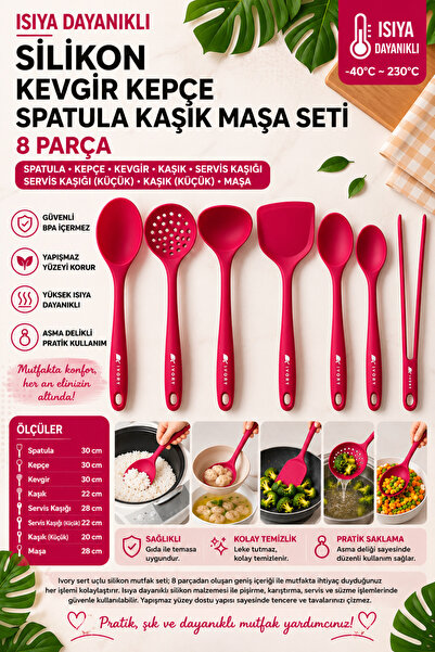 Perağ İvory Isıya Dayanıklı Silikon Kevgir Kepçe Spatula Kaşık Maşa Seti (30-...