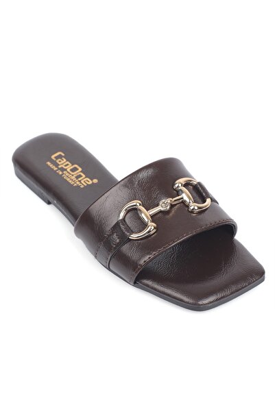 Capone Outfitters Women's Short Heeled Slippers with Metal Look Accessories a...
