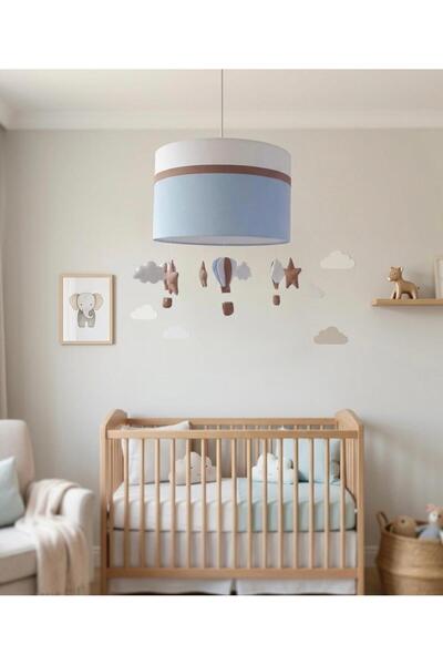 Leobabyroom Beyaz Orta Şerit Kahverengi Mavi Balon Yıldız Bulut Figürlü Sarkı...