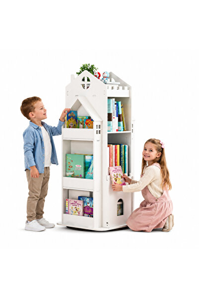 eGROW Biblioteca rotativa pentru carti eGROW®, 8 polite, model castel, lemn/P...