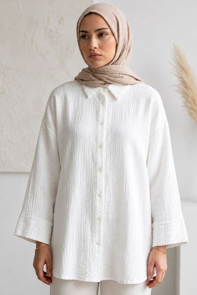Naknaku Women's Hijab Shirt Ecru Double Sleeve Muslin Fabric Summer Comfortab...
