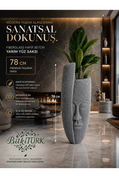 BitkiTÜRK Hafif Beton Fiberglas Yarım Yüz Saksı 88cm