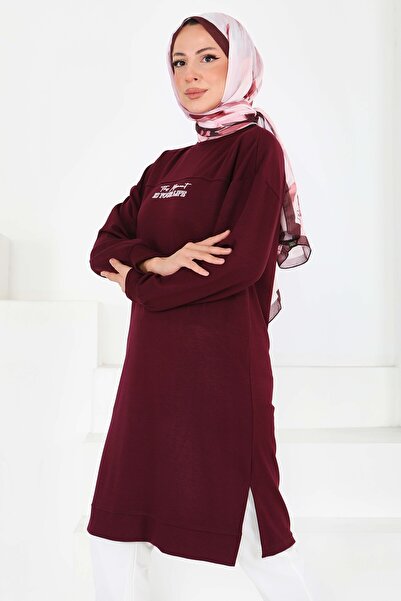 TOFİSA Tunica din modal cu imprimeu frontal și șliț - 27704-BORDO