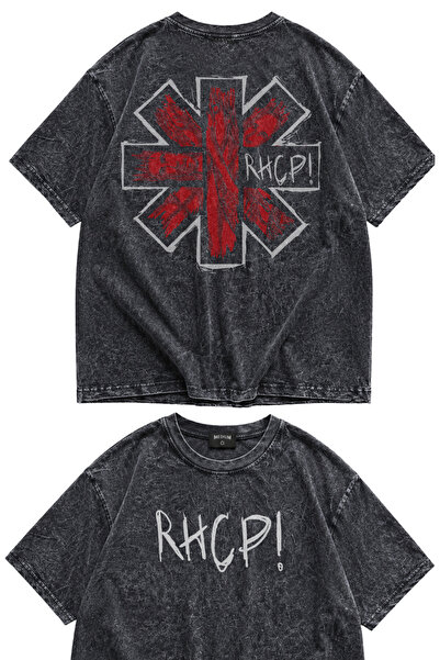 Fuddy Moda Унисекс тениска с печат на гърба Red Hot Chili Peppers, прекарана ...
