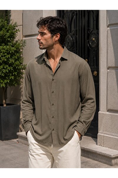 EMPEROR APPAREL Erkek Haki Uzun Kollu Yarı Oversize Modal Gömlek
