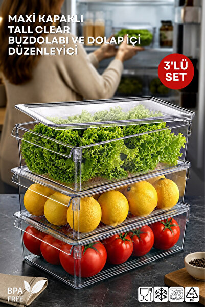 Nandy Home Maxi Tall Clear Organizator frigider și dulap cu capac - 3 buc