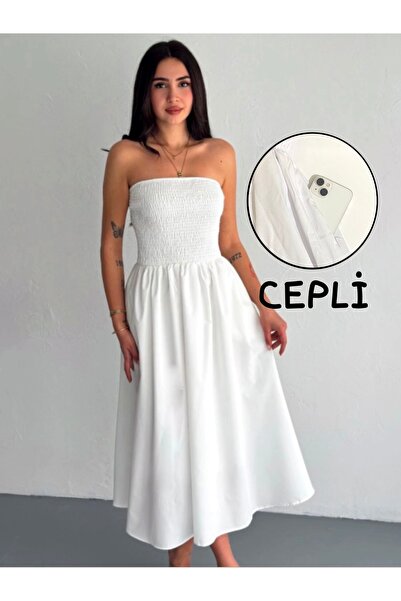NAVO STUDIO Kadın Straplez Gipeli Beyaz Midi Elbise Yazlık Rahat Kesim Cepli ...