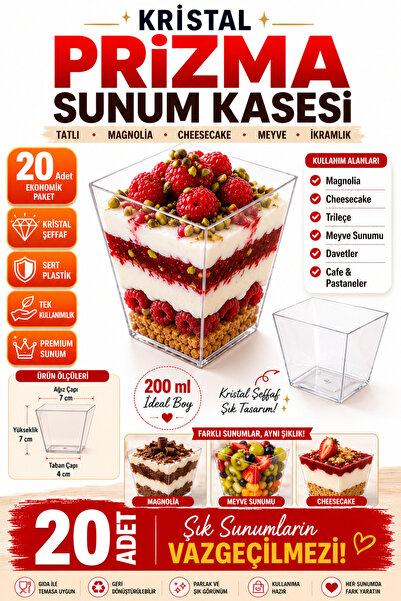 Enjoy Party Store 20 Adet Kübik Sert Prizma Mika Plastik Şeffaf magnolya Kase...