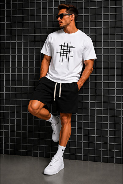 FECCY Unisex Kadın/Erkek Çizgili Özel Baskılı Şort T-shirt Takımı
