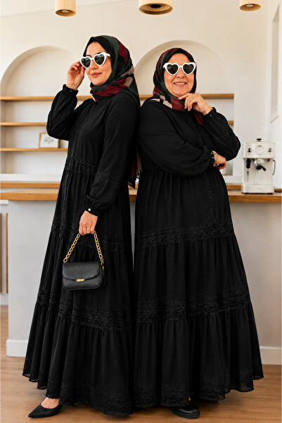 AZRA BUTİK Magnolia Pattern Lace Detailed Dress Black