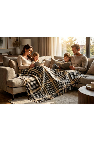 BLANTUR Κουβέρτα τηλεόρασης Throw Natural 100% Sheep Wool - Μαύρο καρό