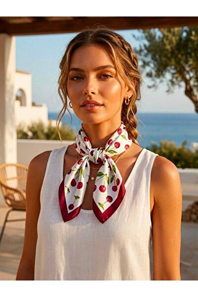 Axesoire 15326 Kiraz Desenli Kırmızı Beyaz Saten Bandana Fular 50x50 cm