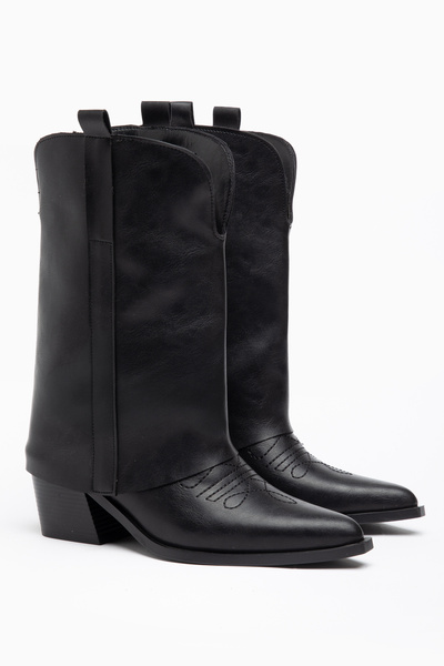 DENORA Black Matte Leather Trousers Flat Western Cowboy Boots