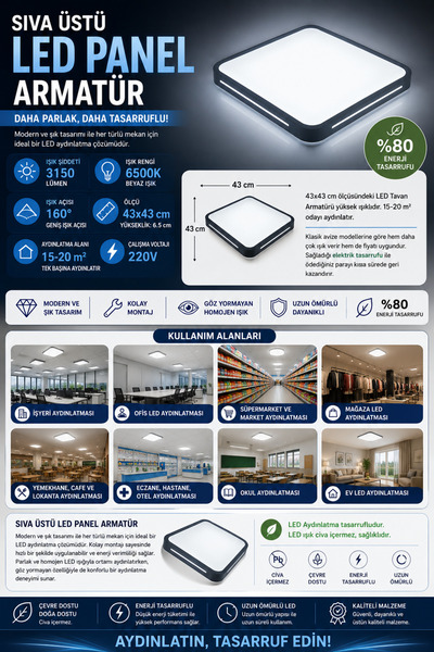 LEDAY Sıva Üstü LED Panel 42W Dekoratif Armatür Siyah(Beyaz Işık 6500K) 43X43