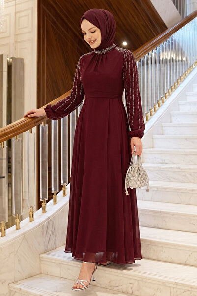 InStyle Rochie de seara din sifon rosu cu mâneci cu strasuri