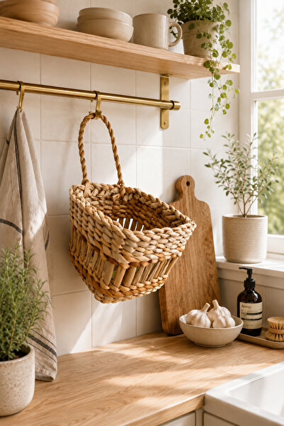 afralya home Mutfak Banyo Çok Amaçlı Sepet / Askı Sepet Dekoratif Hasır Sepet...