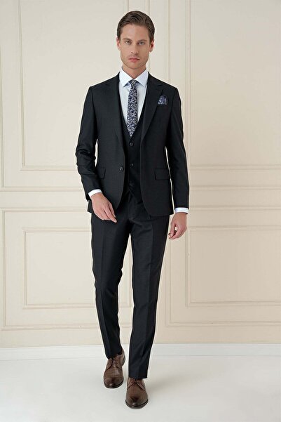 Efor Slim Fit Çift Yırtmaç Kazayağı Dokulu Lacivert Yelekli Takım Elbise TK 910