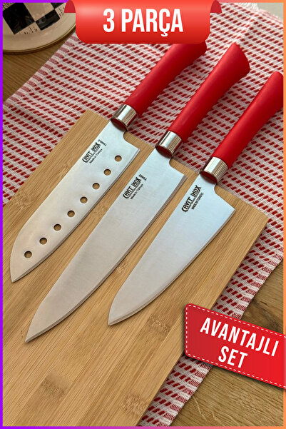 Cavit İnox Şef Bıçağı Seti 3 Parça Santoku Asya Modeli Seti