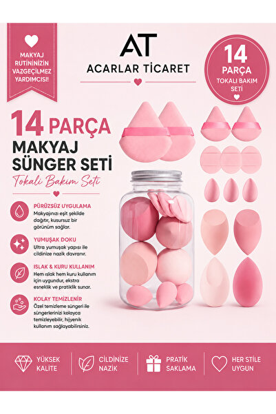 Acarlar Ticaret Kavanoz Kutulu Makyaj Sünger Seti 12 Parça + 1 Adet Kavanoz