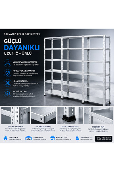 ALANRAF 6 Katlı 3'lü Galvaniz Çelik Raf - Depo, Arşiv, Kiler, Dosya, Market R...