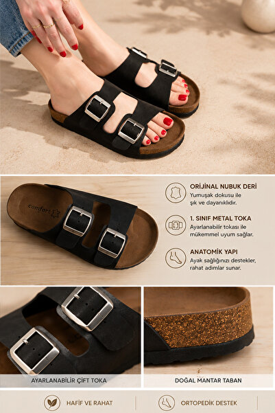 Erdem Store Double buckle nubuck slippers orthopedic cork sole daily comforta...