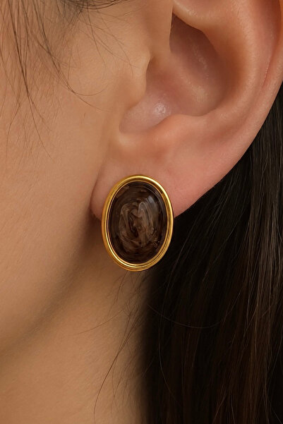 FIERA JEWELRY أقراط من الفولاذ الذهبي العتيق بنمط رخامي بيضاوي