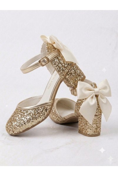 PATİK BEBE Girls' Gold-Colored Shiny and Glittery Comfortable Heel-Stylish Dressy Shoes