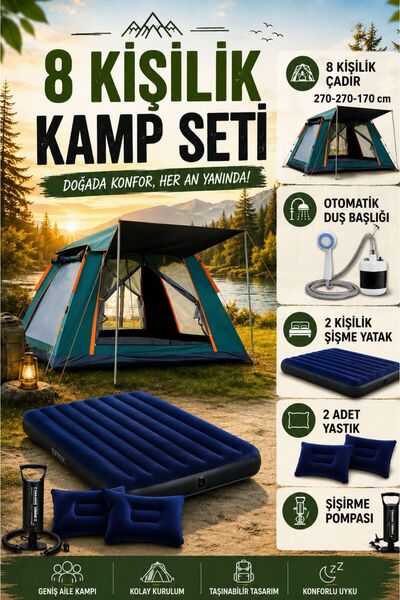 post alley 8 Kişilik Tenteli Çadır Seti + Otomatik Şarjlı Duş Başlığı + İki k...