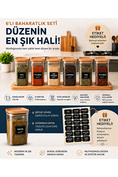 yuzi home 6’lı 350 Ml Bambu Görünümlü Baharatlık Seti Etiket Hediyeli Sızdırm...